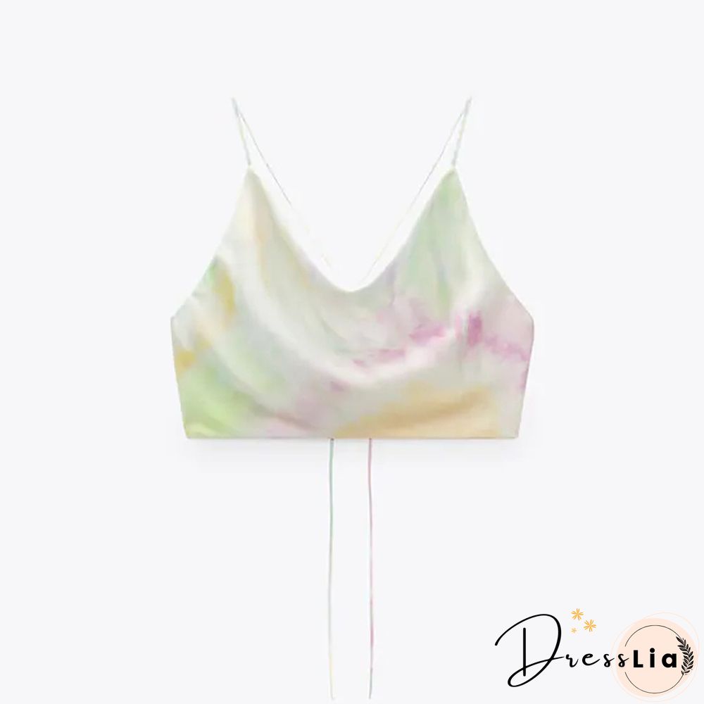 Summer White Satin Top Woman Pink Crop Top Sexy Backless Tank Tops Women Camisole Beachwear Tie Dye Strap Tops