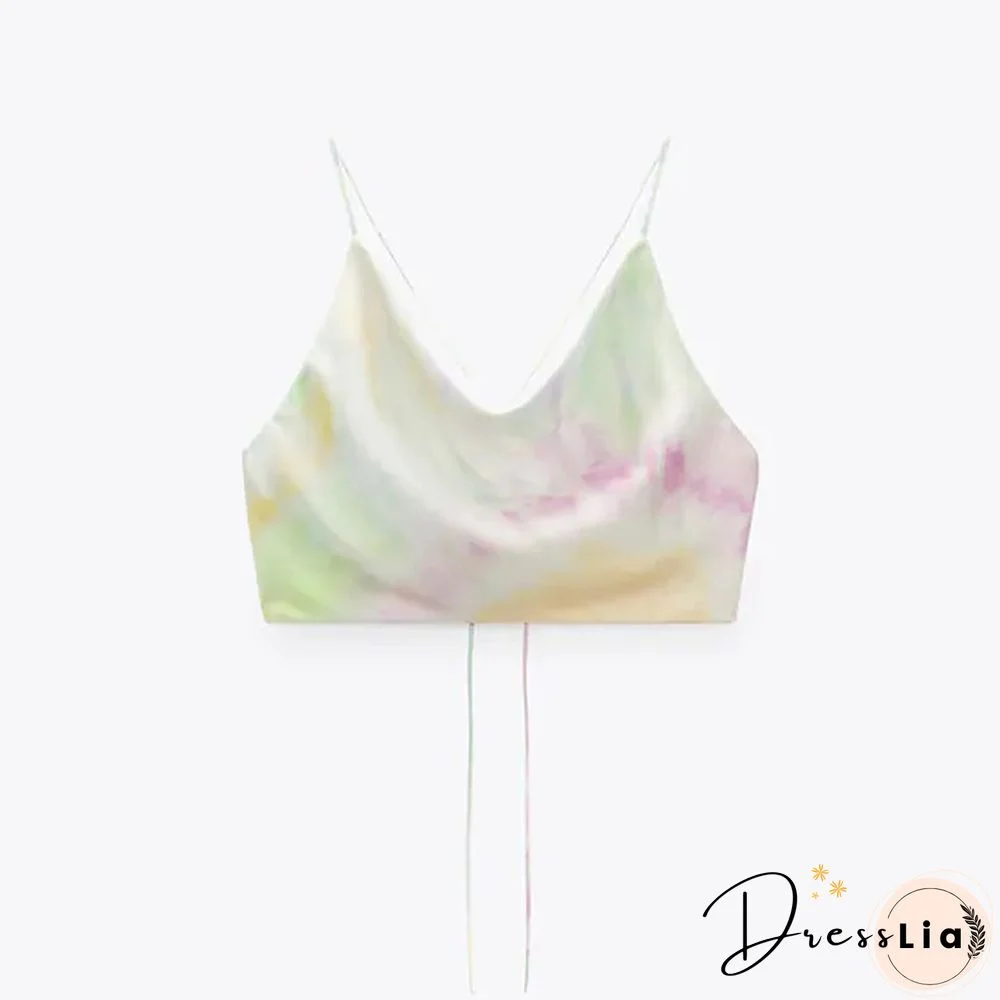 Summer White Satin Top Woman Pink Crop Top Sexy Backless Tank Tops Women Camisole Beachwear Tie Dye Strap Tops