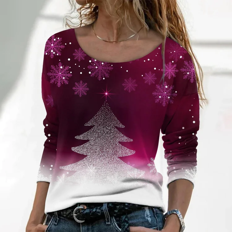 Wearshes Round Neck Christmas Printed Long Sleeve T-Shirt