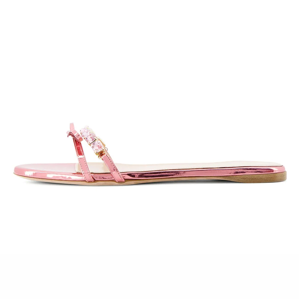 Pink Open Round Toe Slip On Rhinestone Bow Flat Slide Sandals Women