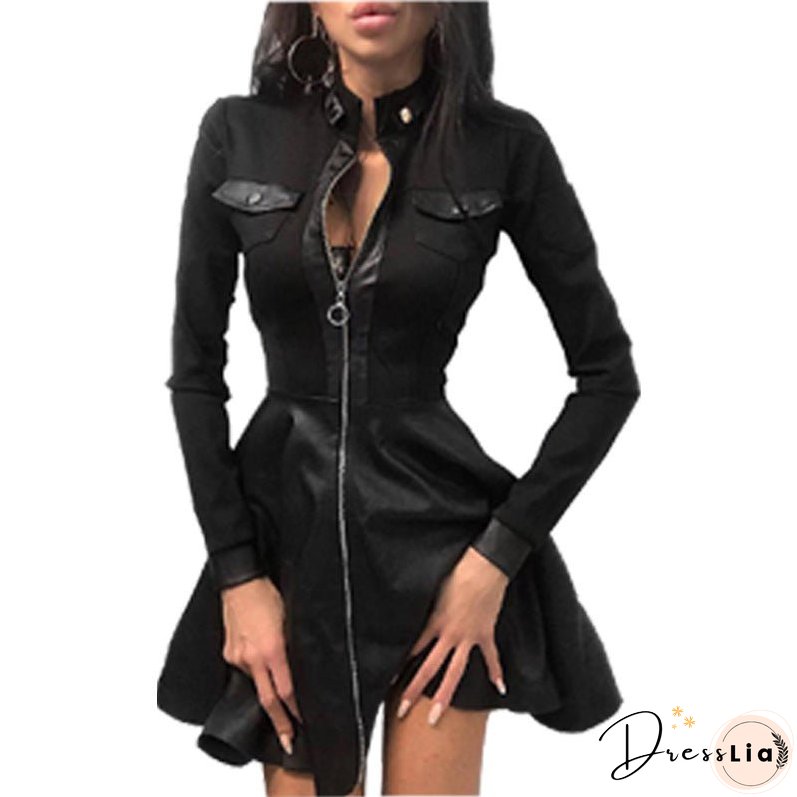 Women's Long Sleeve V-neck Zipper Pocket Dress Dresses