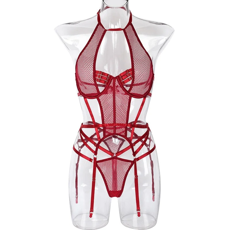 MIRABELLE Sexy Lingerie Mesh Exotic Costumes See Through Halter Bodysuit Woman Erotic Apparel Porn Body Sex Outfit with Thongs