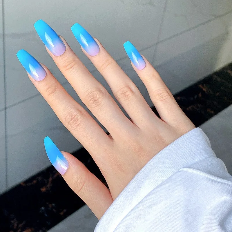 24pcs Fake nails with designs Blue Gradient Purple Coffin Fake Long Ballerina False Nails Full Cover Nail Tips Press On Nails-Nail Inspo
