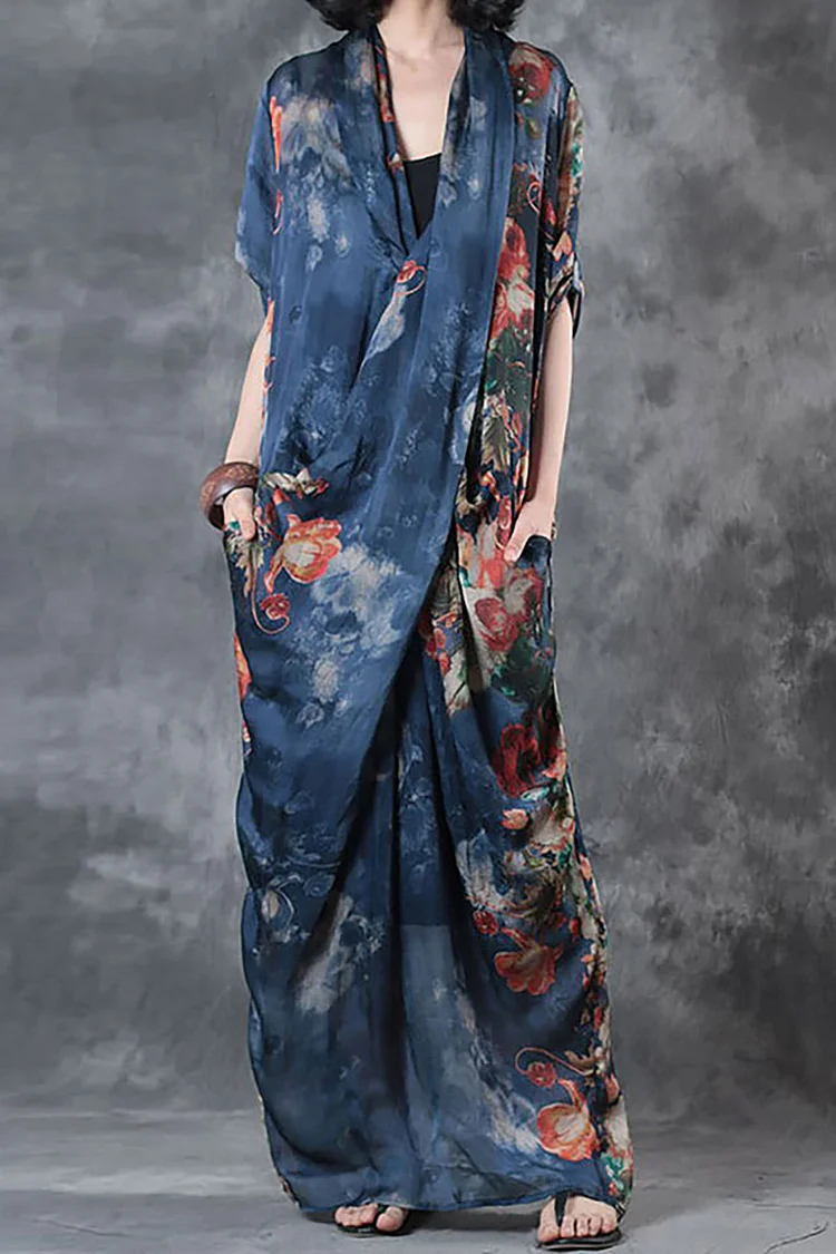 Cotton Blue V Neck Short Sleeve Floral printed linen Maxi Dresses