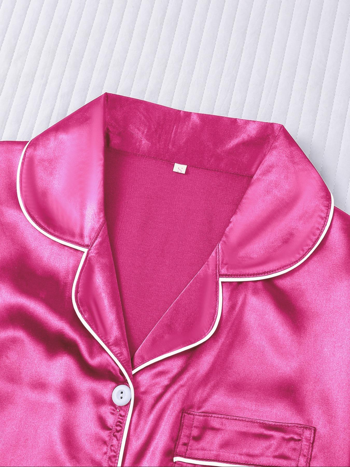 Women's Solid Satin Pyjama Three-piece Set, Elegant Comfy Short Sleeve Lapel Neck Button Up Top & Shorts & Pants PJ Set, Ladies Sleepwear for All Seasons
