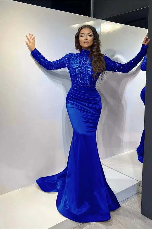 Daisda Red Mermaid Evening Dress High Neck With Sequins