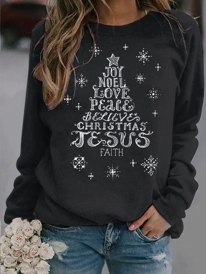 Women's Jesus Faith Christmas Tree Print Crew Neck Sweatshirt