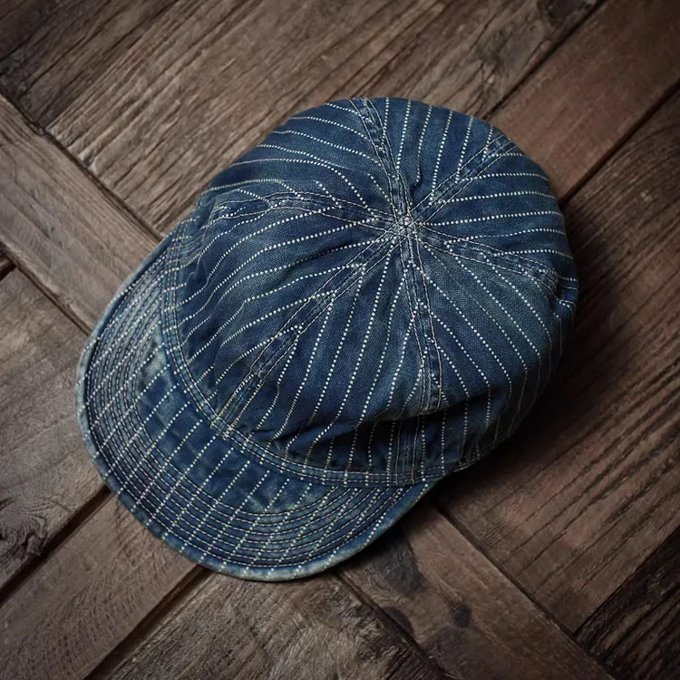 Classic Vintage Distressed Denim Striped Blue-Dyed Peaked Cap
