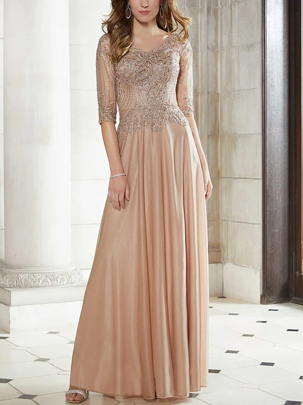 V-neck lace solid color long dress