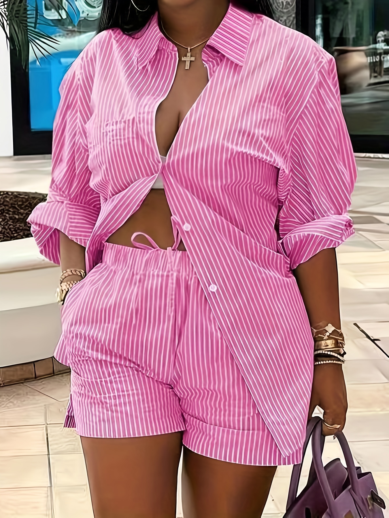 Plus Size Women's Chic Striped Print Two-Piece Set-Long Sleeve Button Shirt And Elastic Waist Shorts With Pockets, Perfect For Spring And Summer Fashion Casual Outing | IFYHOME