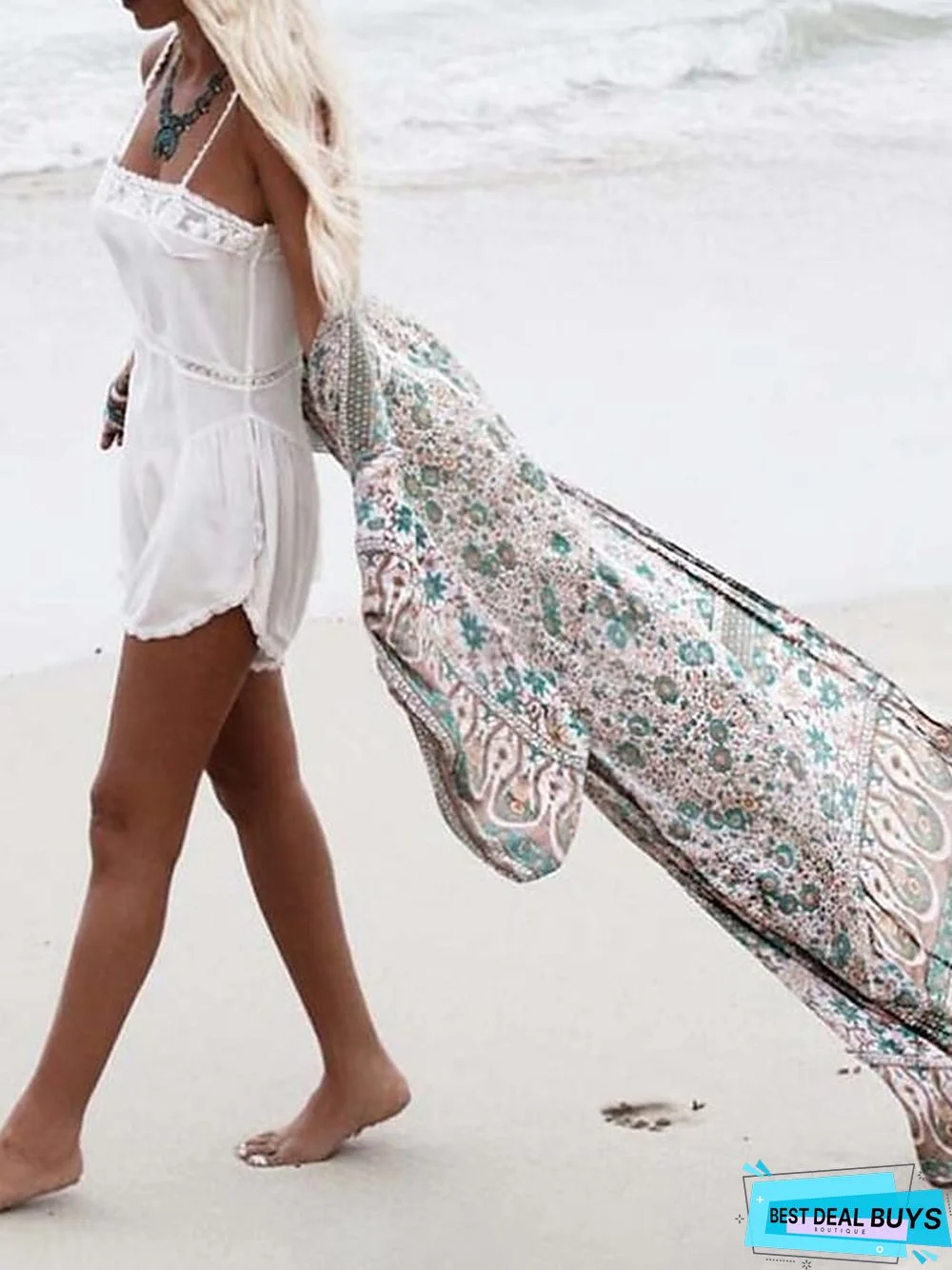 Women's Cover Up Beach Dress Beach Wear Long Dress Maxi Dress Print Casual Floral Open Front Long Sleeve Loose Fit Outdoor Daily Blue 2023 Spring Summer One Size