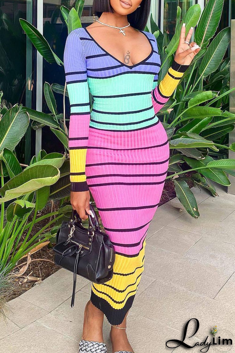 Pink Sexy Striped Print Patchwork V Neck Pencil Skirt Dresses