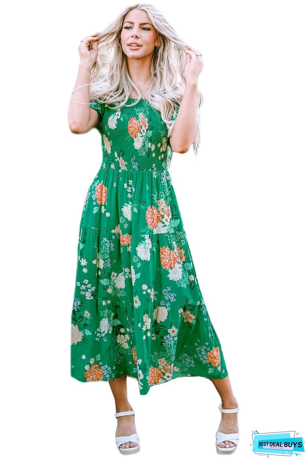 Floral Print Smocked Tiered Midi Dresses