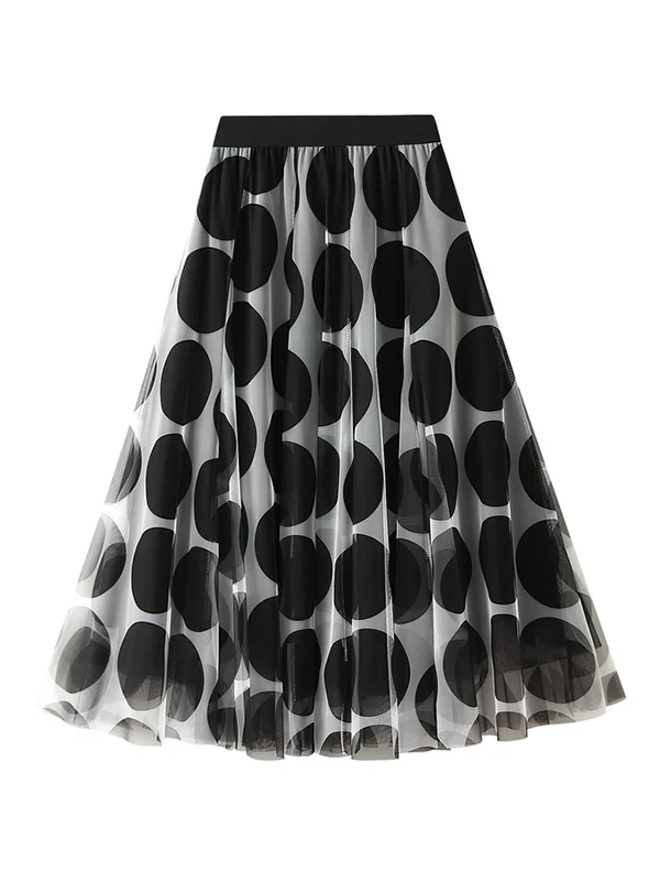 Original Stylish Mesh Split-Joint Pleated Polka-Dot Skirt