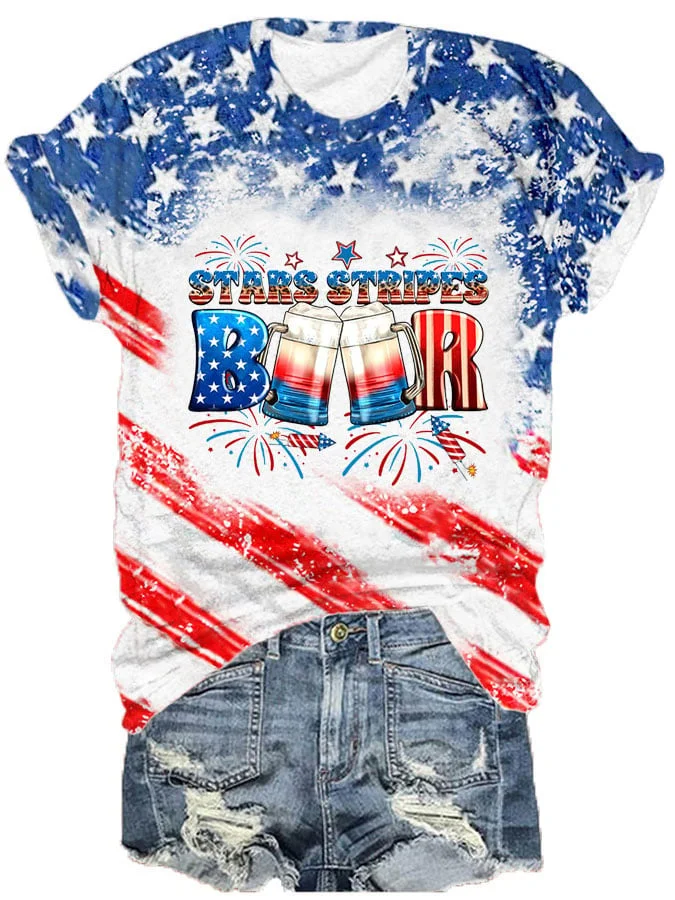 Women's Independence Day Stars Stripes Beer Printed Crewneck T-Shirt socialshop