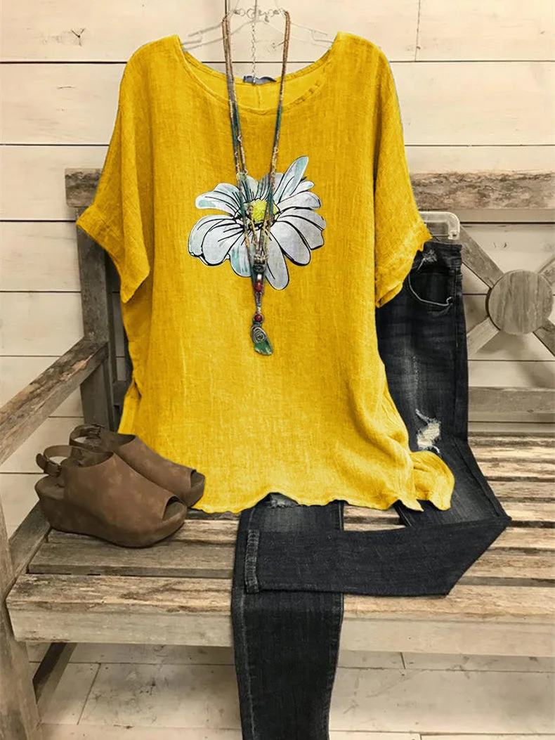 Women Short Sleeve Scoop Neck Floral Printed Graphic Tops