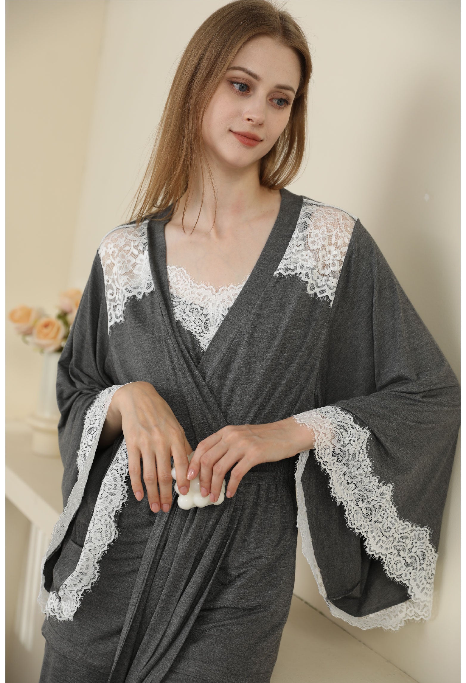 Lovingerie - Sexy Modal Lace Backless Pajama Robe Camisole Set