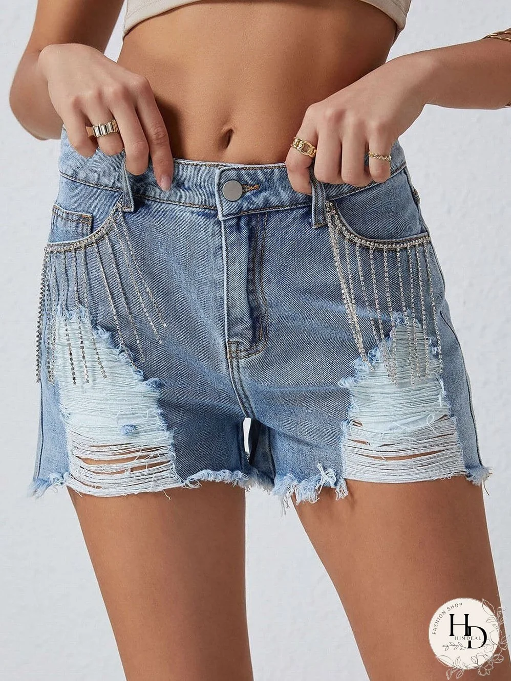 Unique Rhinestone Tassel Denim Shorts