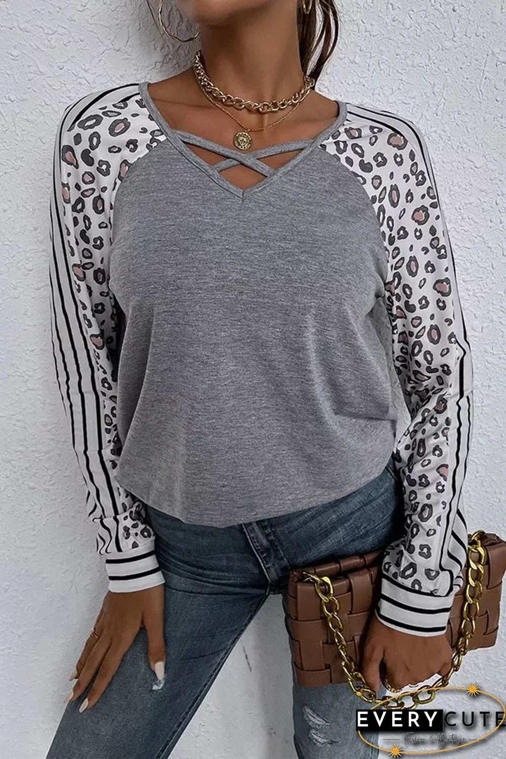 Leopard Stripe Long Sleeve V-neck Top