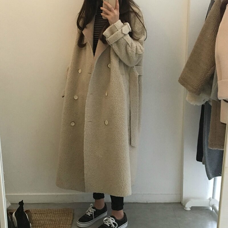 Women Winter Vintage Lamb Wool Double Breasted Overcoat Sashes Cloak