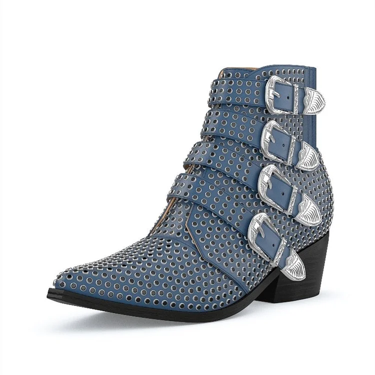 Blue Buckles Studs Fashion Boots Block Heel Ankle Boots |FSJ Shoes