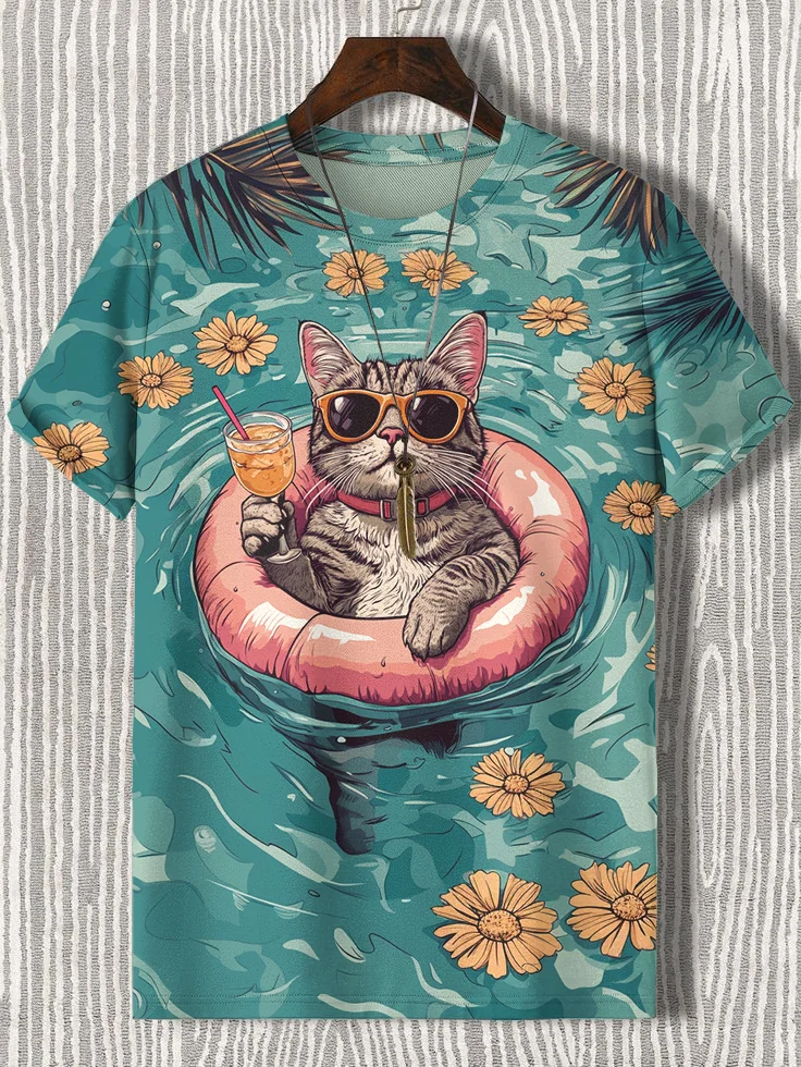 Men's Cat Vacation Tropical Swimming Relaxing Float Art Print T-Shirt