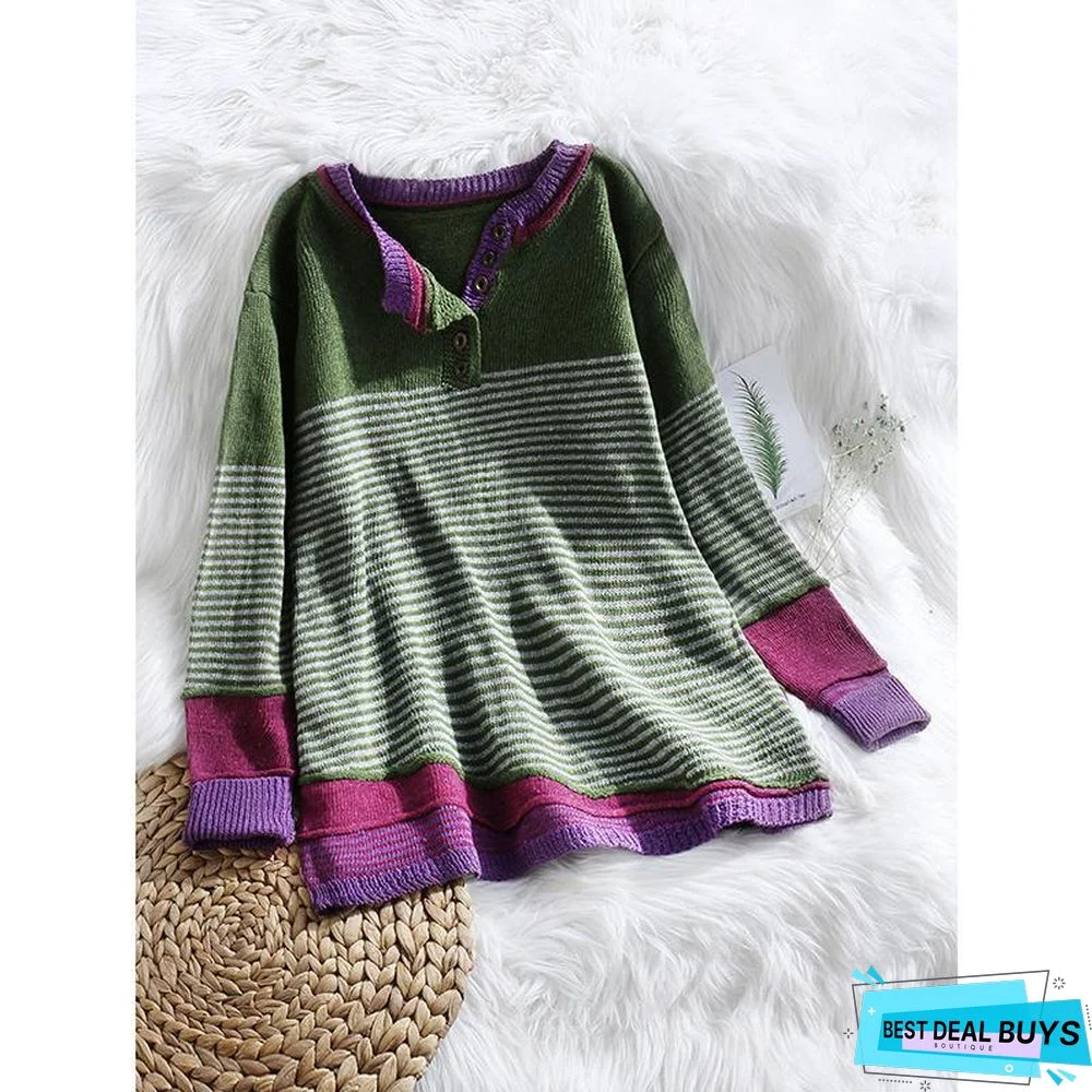 Stripe Button Long Sleeve Contrast Color Sweater