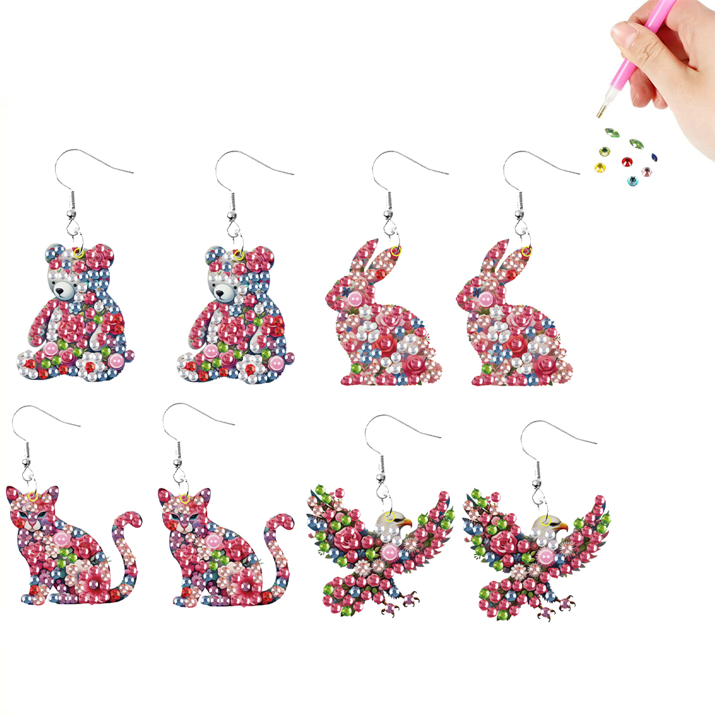 4 Pairs Double Sided Flower Animal DIY Diamond Painting Earrings for Women Girls