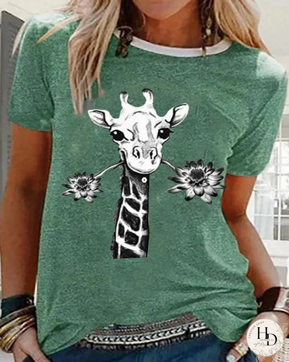 Crew Neck Printed Cotton-Blend Short Sleeves Tops