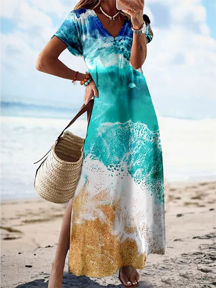 Artistic Printing T-Shirt Style Long Dress Women's V-Neck Slit Maxi Dresses Summer Vacation Party Dress Robe