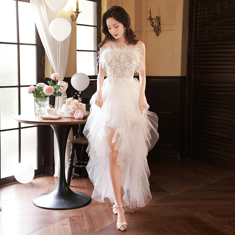Zingj White Braed Evening Dress 2025 New High-End Famous People Light Luxury Birthday Dress Feather Niche Host