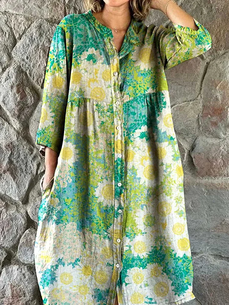 Women's Sunflower Floral Pattern Shirt Cotton and Linen Dress with Pockets
