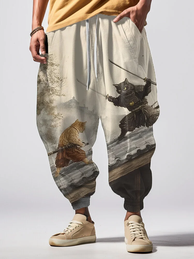 Men's Retro Samurai Cat Japanese Art Print Loose Drawstring Waist Sweatpants