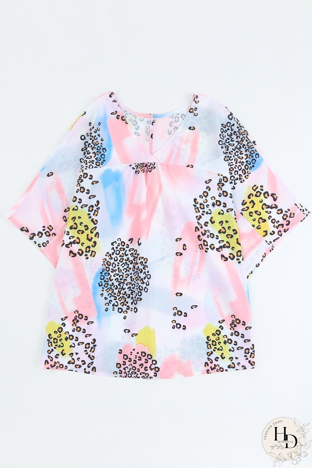 Whimsical Watercolor Animal Print V-Neck Blouse