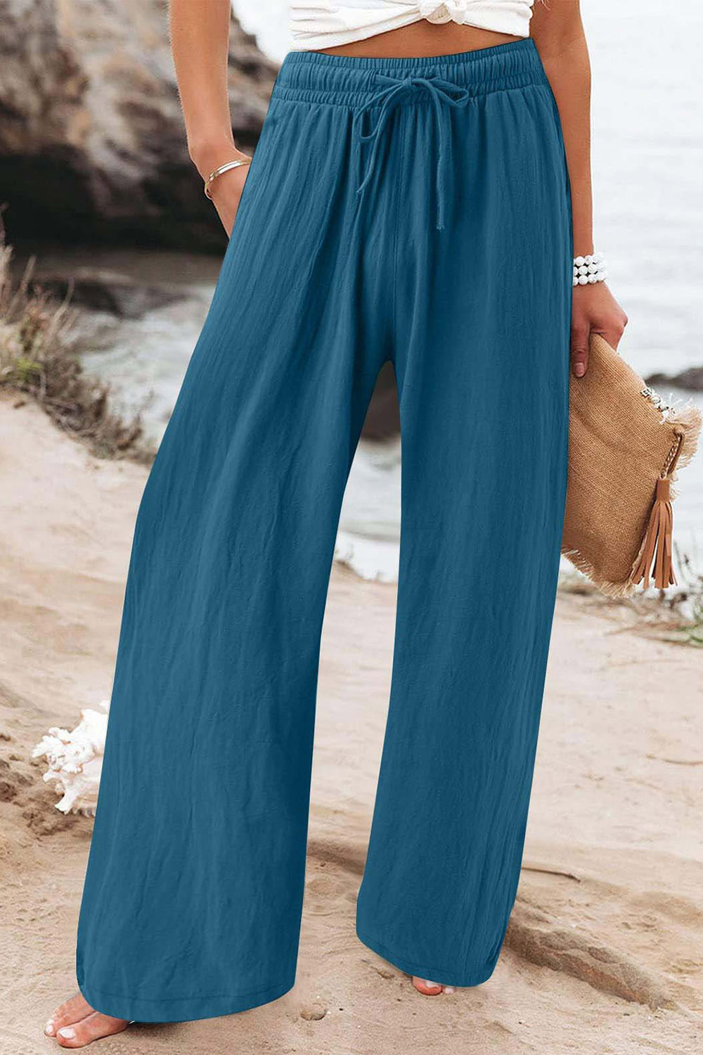 Plus Size Casual Peacock Blue Drawstring High Waist Pocket Wide Leg Pants 2024 - Flycurvy 