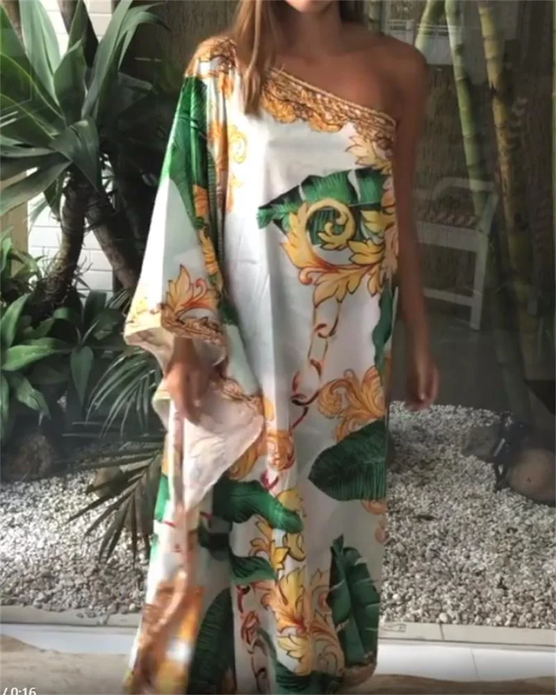 Kaftan Print One Shoulder Sleeve Maxi Dress