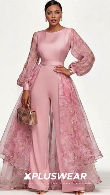Xpluswear Design Plus Size Mother Of The Bride Pink Graphic Round Neck Puff Sleeve Long Sleeve With&nbsp;Skirt&nbsp;Overlay&nbsp;Pocket Chiffon Jumpsuits 2024 - Xpluswear