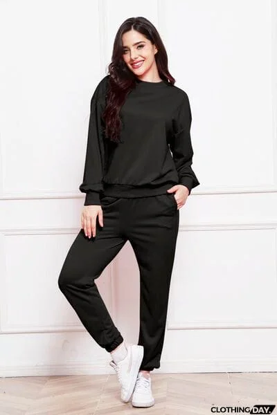 Round Neck Long Sleeve Sweatshirt and Pants Set