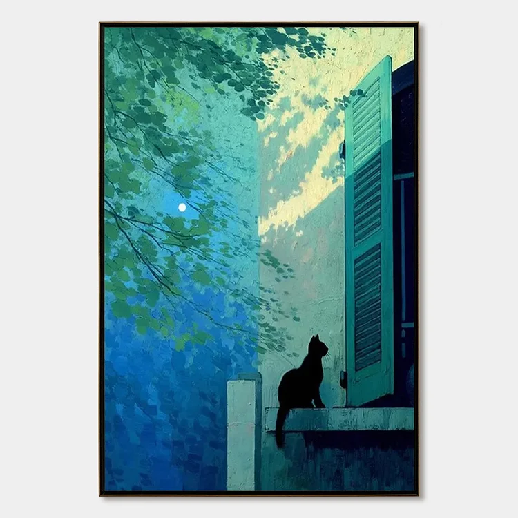 TWILIGHT PERCH: Minimalist Night Window Cat Oil Painting（Canvas painting）