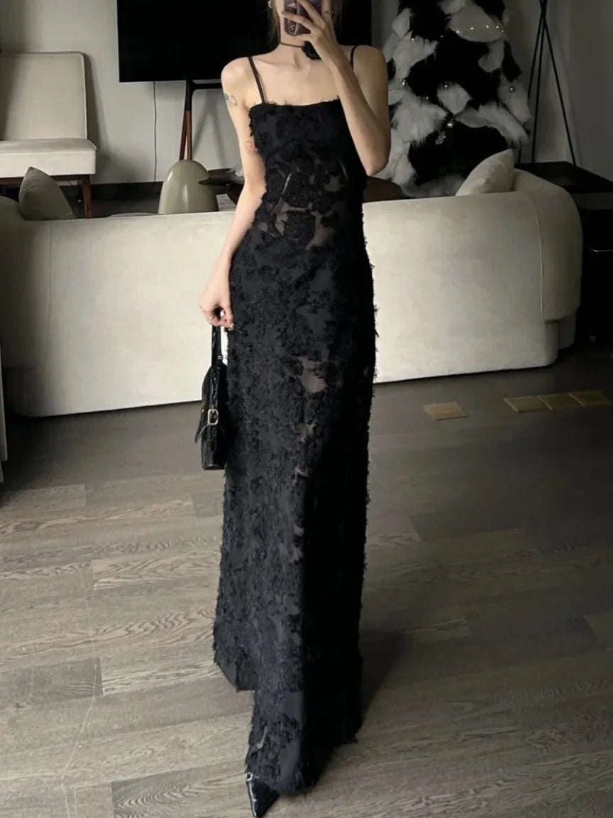 Aiertu Black Sexy Party Midi Dress Women Summer See-through Strap Y2k Dress Female Lace Chic Korean Fashion Slim Vintage Dress 2024 New Aiertu