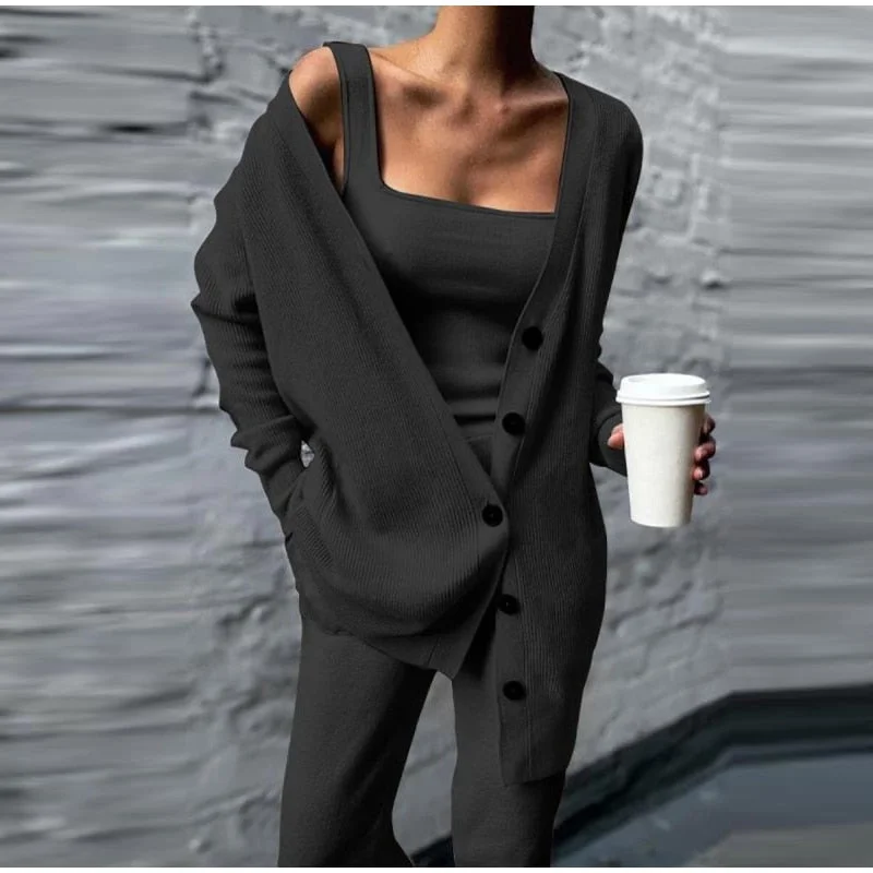 Women Casual Three Pieces Buttons Tracksuits Ladies Ribbed Knit Vest Tops And Wide Leg Pants Sets Streetwear Femme S-4XL Outfits