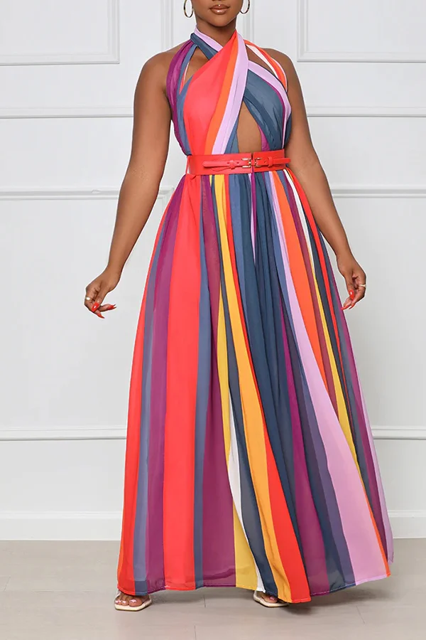 Halterneck Colorful Striped Print Maxi Dress