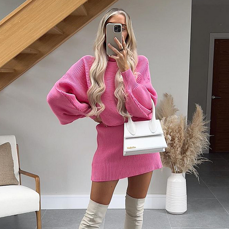 New Simple Pink Long Sleeve Sweater Two Piece Set