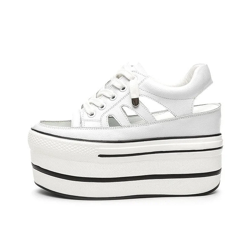 Fujin Height Increased Platform Heel Flats Shoes Women Summer Sandals Hollow Out Genuine Leather Lace Up Wedge Shoes Sneakers