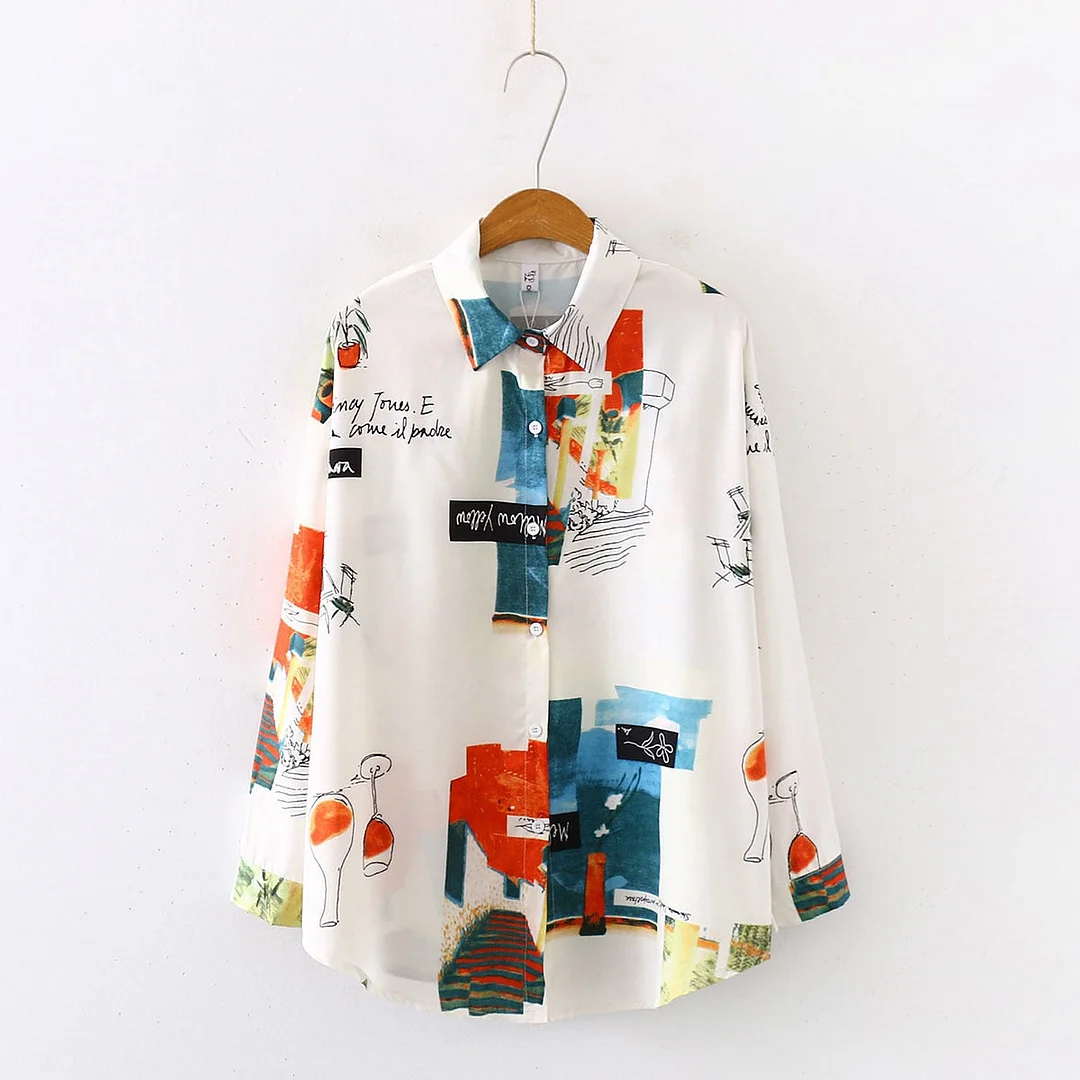 New Arrival Retro Graffiti Print Oversize Turn-Down Collar Chiffon Blouse Button Up Casual Loose Shirt Feminina Blusa T99009F