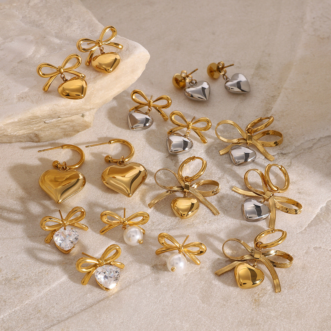 Jie Ding Stainless Steel Valentine'S Day Bow Earrings Zircon Heart Earrings Titanium Steel Earrings