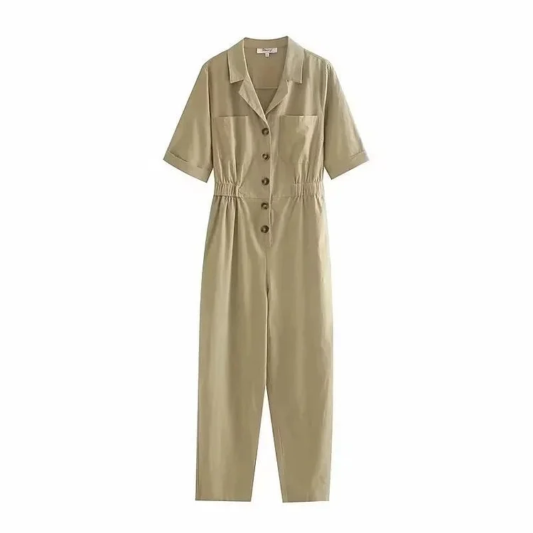 Women's Elegant Suit Collar Casual Jumpsuit Elastic Waist Cotton Linen Jumpsuit Overall