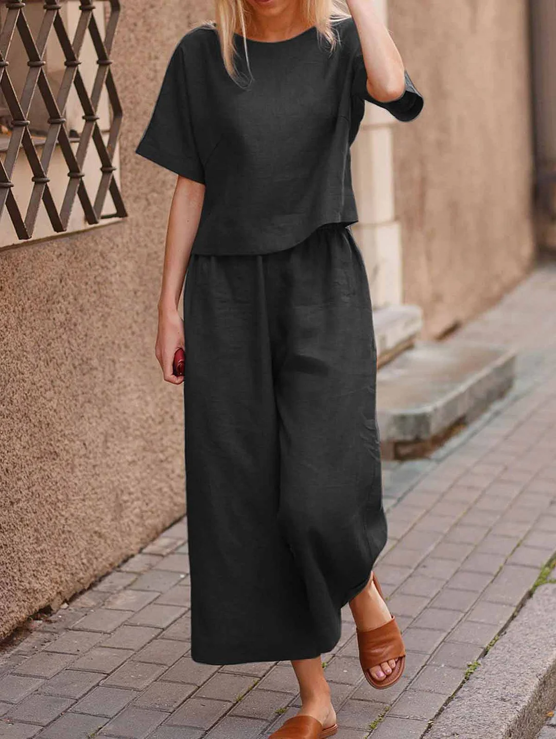 Solid Linen Casual Top & Wide Leg Pants Set