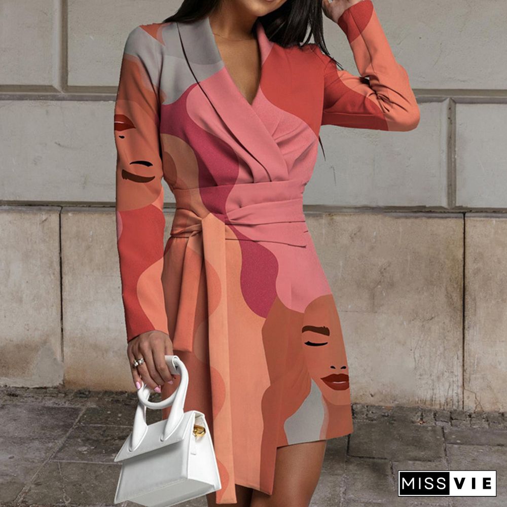 Autumn New Retro Face Art Print Suit Dress Fashion Office Lady Slim Tie-Up Mini Dress Women Chic Colorful Pattern Dress Vestido
