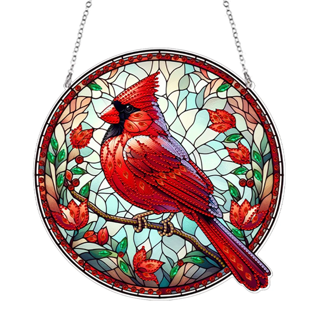 DIY Cardinal Stained Glass Acrylic Diamond Painting Hanging Pendant for Home Wall Decor